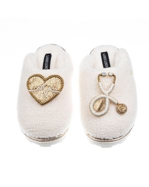 Laines London Neutrals Teddy Closed Toe Slippers With Doctor Brooches - Metallic