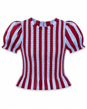 Mind Traveler Chia Burgundy And Light Short Sleeved Striped Blouse - Red