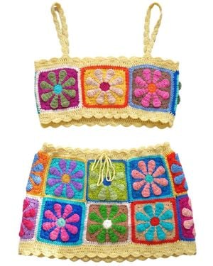 Ana Chic Flower Granny Square Handmade Crochet Top And Skirt Set - Yellow