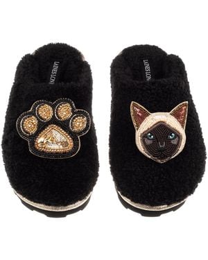 Laines London Teddy Closed Toe Slippers With Paw & Siamese Cat Brooches - Black