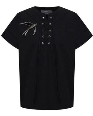 Exquise Celeste Blouse Embellished Lace-Up Cotton Blouse - Black