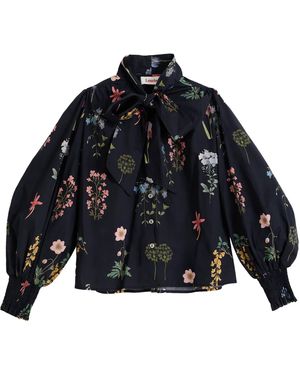 Louche Aditi Flower Press Print Tie Neck Blouse - Blue