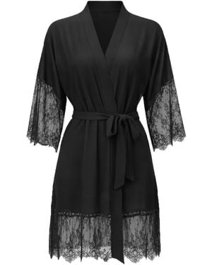 Carol Coelho Orchid Lace-Trimmed Kimono Robe - Black