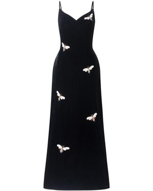 Silk and Bears Noir Bee Hand-Embroidered Silk Velvet Slip Dress - Black