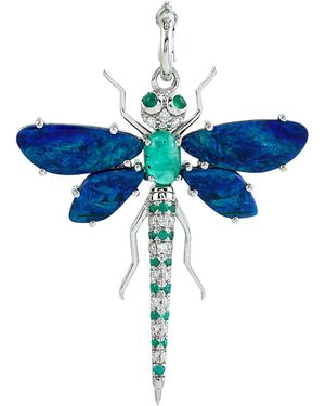 Artisan Opal Wing Dragonfly Pendant With Emerald & Diamonds - Blue