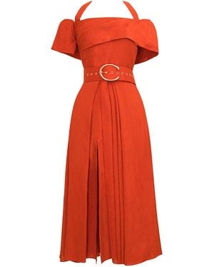 ALINA CERNĂTESCU Chimera Cocktail Linen Off Shoulder Midi Dress - Red