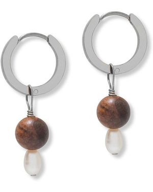 A Weathered Penny Small Pearl & Wooden Hoops - Metallic