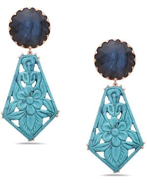 Artisan Rose Carved Chrysocolla & Labradorite Gemstone Dangle Earrings - Blue