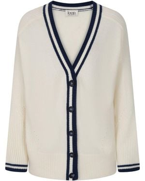 Loop Cashmere Striped Tipped V Neck Lofty Cardigan - White
