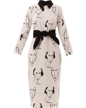 Julia Allert White Designer Fitted Dress With Faces Print - Natural