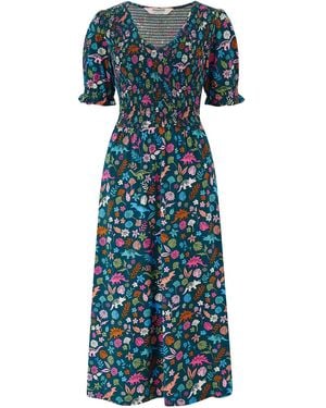 Sugarhill Daphne Shirred Jersey Midi Dress, Multi, Hidden Dinosaur - Blue