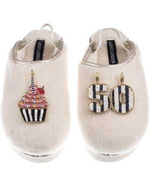 Laines London Neutrals Flatform Cloud Closed Toe Slippers With Stipe 50Th Birthday & Cake Brooches - Multicolour