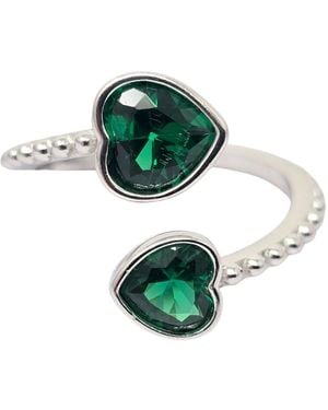 Harfi Double Heart Emerald Heart May Birthstone Adjustable Ring - Green