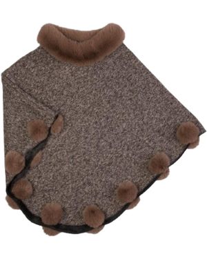 Saachi Faux Fur Burly Wood Poncho Pom Pom - Brown