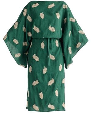 Paisie Leaf Embroidered Kimono Sleeves Midi Dress - Green