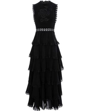 IZABELA MANDOIU Viscose Ruffle Midi Dress With Floral Lace - Black