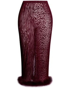 Miss Circle New York Halia Burgundy Animal Print Burnout Velvet Fur Trim Skirt - Red