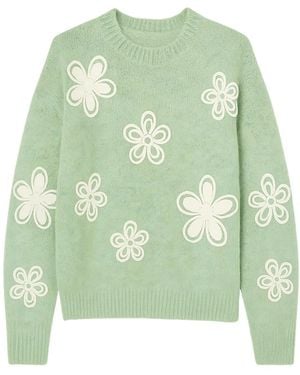 Yumi' Relaxed Knitted Jumper With Crochet Flowers - Green
