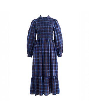 Louche Peppi Winter Check Smocked Bodice Midi Dress - Blue