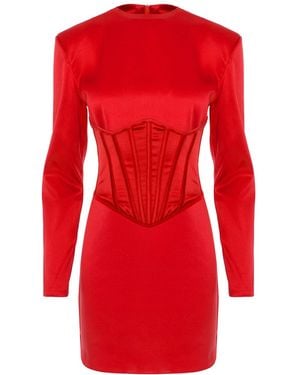 BLUZAT Satin Mini Dress With Integrated Corset - Red