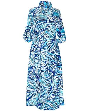 Perlavera Leila Sentry Cerulean Linen Blend Three Quarter Sleeve Length Flared Bottom Maxi Dress - Blue