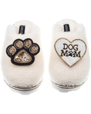 Laines London Teddy Closed Toe Slippers With Dog Mum Mom & Paw Brooches - Metallic