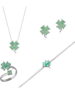 Spero London Best Of Luck Four Leaves Clover Sterling Bracelet Necklace Ring & Stud Earring Full Set - Green