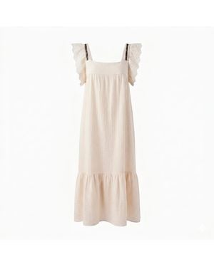 Lalipop Design Neutrals Soft Cream Muslin Ruffled Sleeve Midi Dress - Natural