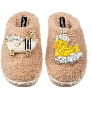 Laines London Neutrals Teddy Closed Toe Slippers With Rubber Duck Bath Queen Brooches - Metallic
