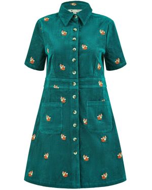 Yumi' Cord Shirt Dress With All Over Fox Embroidery - Green