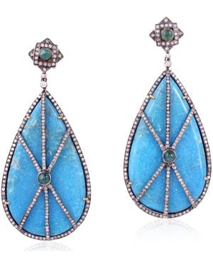 Artisan Pave Turquoise Dangle Earrings Diamond 18k Gold 925 Silver - Blue