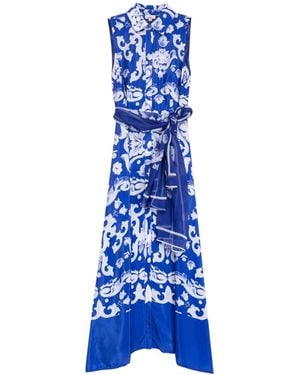 Niza Long Printed Dress With Short Gathered Sleeves - Blue