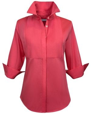 Perlavera Cintuck Coral Satin Three Quarter Sleeve Slim Fit Pintuck Shirt - Red