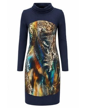 Conquista Cowl-Neck Printed Panel Dress - Blue