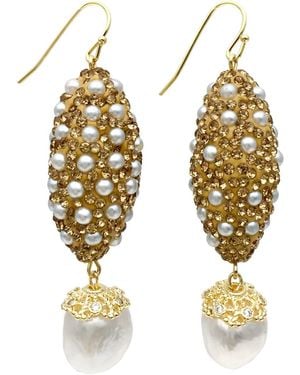 Farra Rhinestones Bordered Freshwater Pearls Dangle Earrings - Metallic