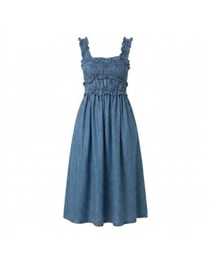 Modenaire Smocked Midi Dress Soft Gathered Form - Blue