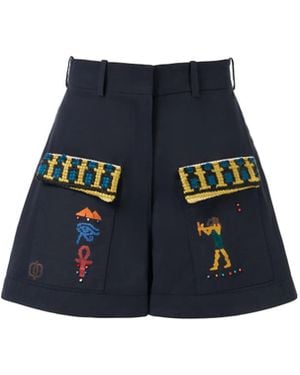 Rondooz Hand Painted Linen And Cotton Shorts With Antique French Gobelin Tapestry & Hand Applied Embellishment - Blue