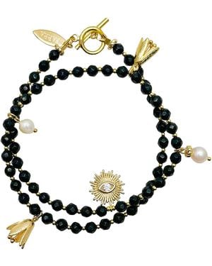Farra Obsidian With Evil Eye Charms Double Layers Bracelet Or Choker - Black