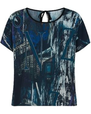 Conquista Printed Silky-Feel Short-Sleeve Blouse - Blue