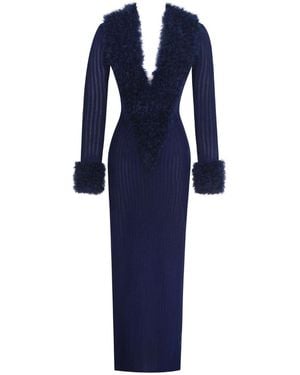 Miss Circle New York Romina Plunging Fur Trimmed Crochet Maxi Dress - Blue