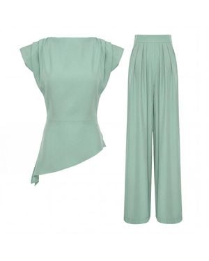 BLUZAT Elegant Mint Fluid Viscose Crepe Set With Structured Shoulder Top And Palazzo Pants - Green