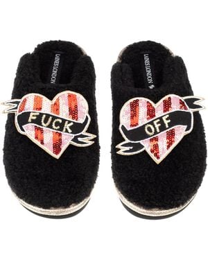 Laines London Teddy Closed Toe Slippers With & Stripe Fuck Off Brooches - Black