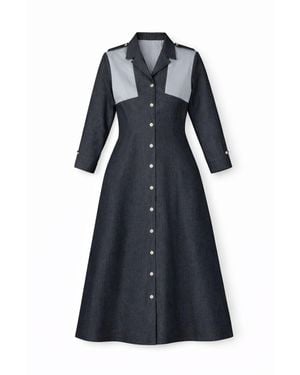 House of Gl Hematite Dark Wash Denim A-Line Midi Shirt Dress With Contrast Cotton Panels - Blue