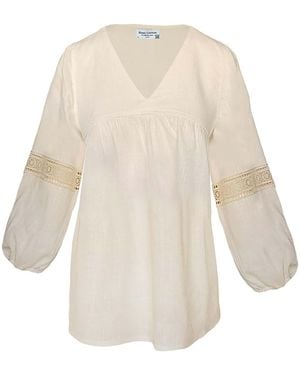 Haris Cotton Linen Blouse With Long Ballon Sleeves And Lace - White
