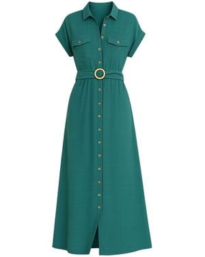 Yumi' Viscose Midi Shirt Dress With Wooden Belt - Green