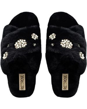 Rettrose Juliette Luxury Plush Diamanté Embellished Handmade Slipper - Black