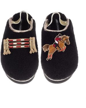 Laines London Flatform Cloud Closed Toe Slippers With Show Jump Horse Brooches - Black