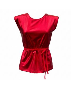 Imaatu Bowie Glam T-Shirt – Metallic Faux Leather & Architectural Shoulder Pads - Red