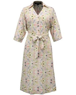 Smart and Joy V Neckline Floral Print Shirt-Dress -Light - Natural