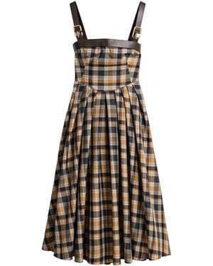 Nocturne Plaid Pleated Maxi Dress With Faux Leather Belt - White